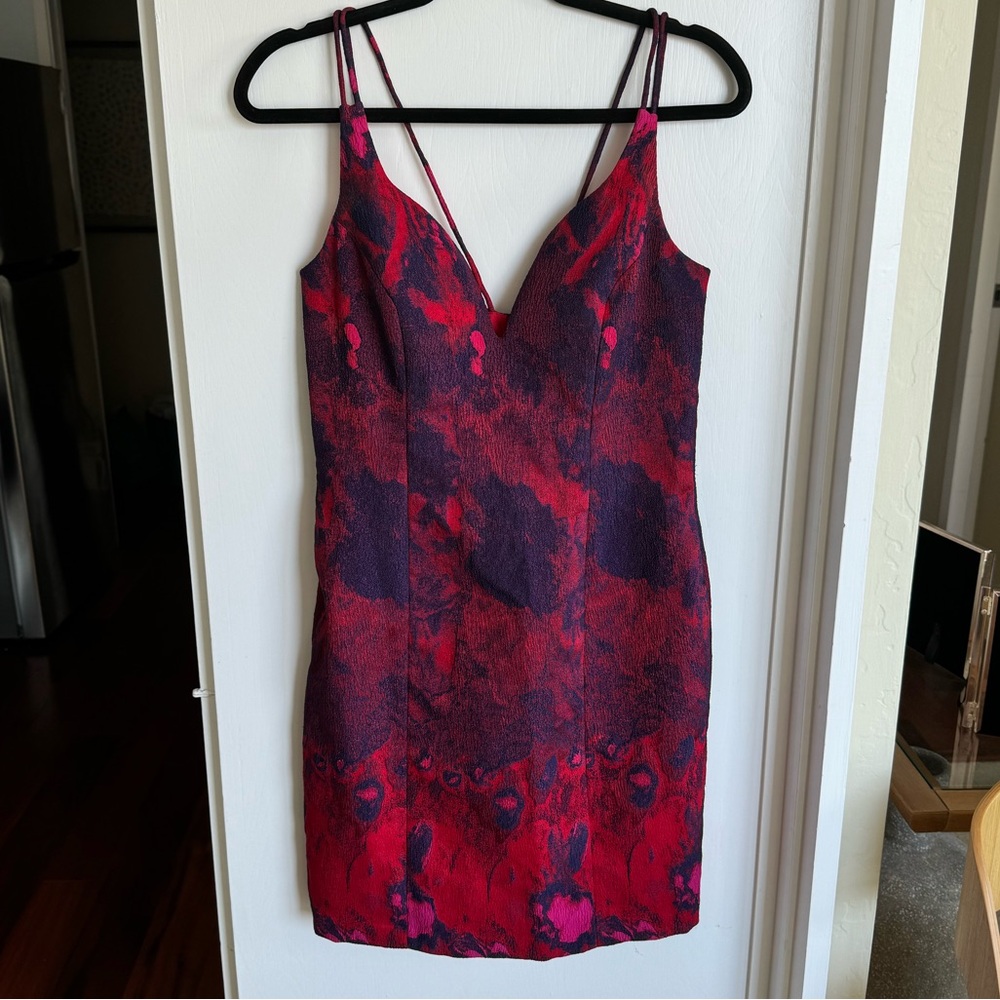 Aidan Mattox Red and Purple Printed Midi Dress
